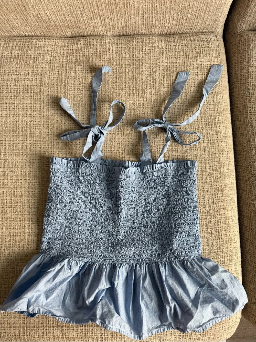 J. Crew Light Blue Smocked Tie-Shoulder Top